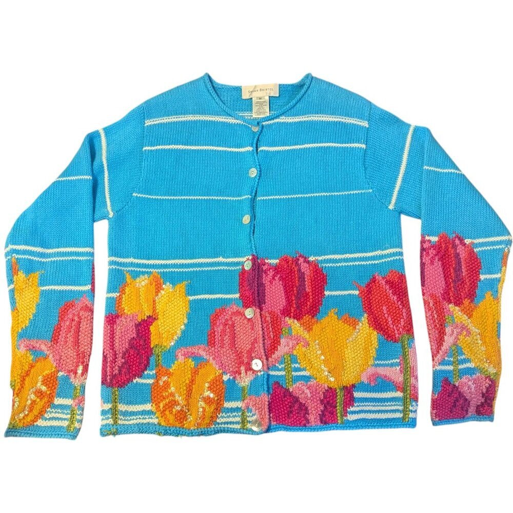 Vintage Susan Bristol Hand Knit Embroidered Tulip Sweater Cardigan‎ Cottage Core